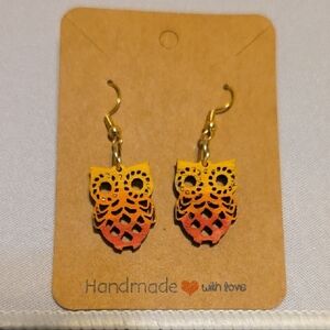 Handmade Owl Earrings - Gold and Orange